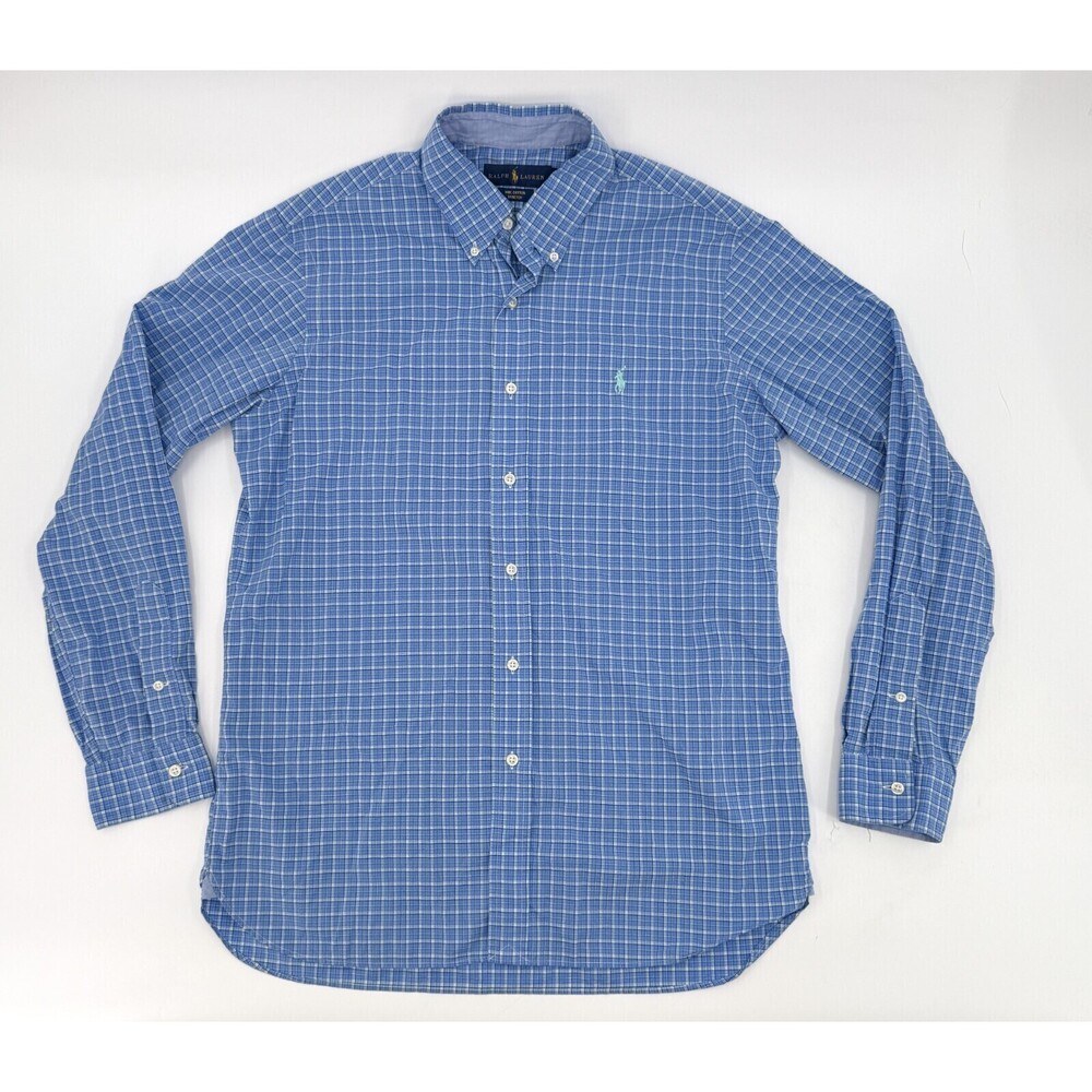 Ralph Lauren Shirt Men  Medium Blue Plaid Long Sleeve Shirt Collared Stretch